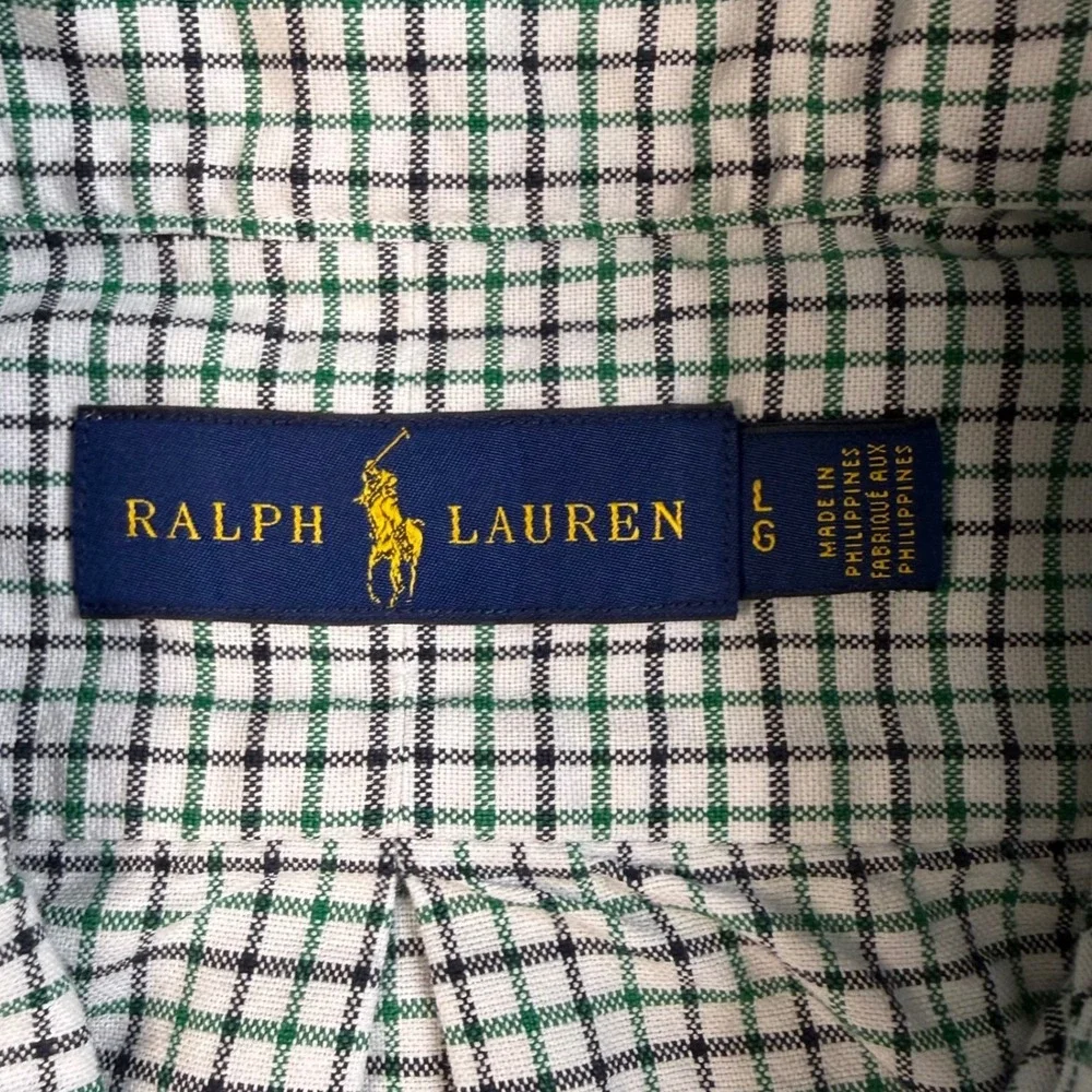 Polo Ralph Lauren Button Down Shirt Mens Large Green White Tattersall Check
